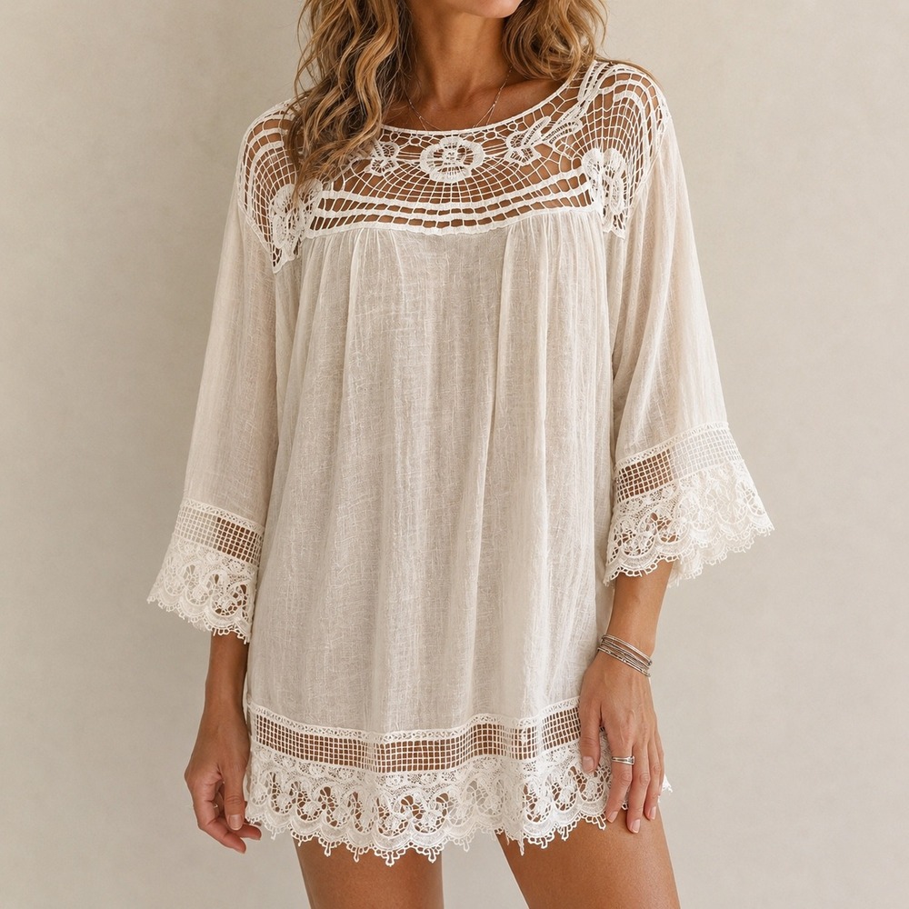 Indigo Soul Cream Lace Boho‎ Tunic Top XL, Crochet Gauze boho blouse cottage 70s